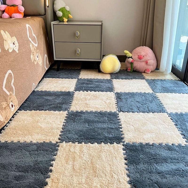 BXEBUI 12pcs Carpet Squares Puzzle Floor Mat, Plush Interlocking Carpet Tiles, Anti Slip EVA Foam Jigsaw Floor Tiles, Build A Safe Area for Bedroom Playroom (Beige+Grey) - Image 2